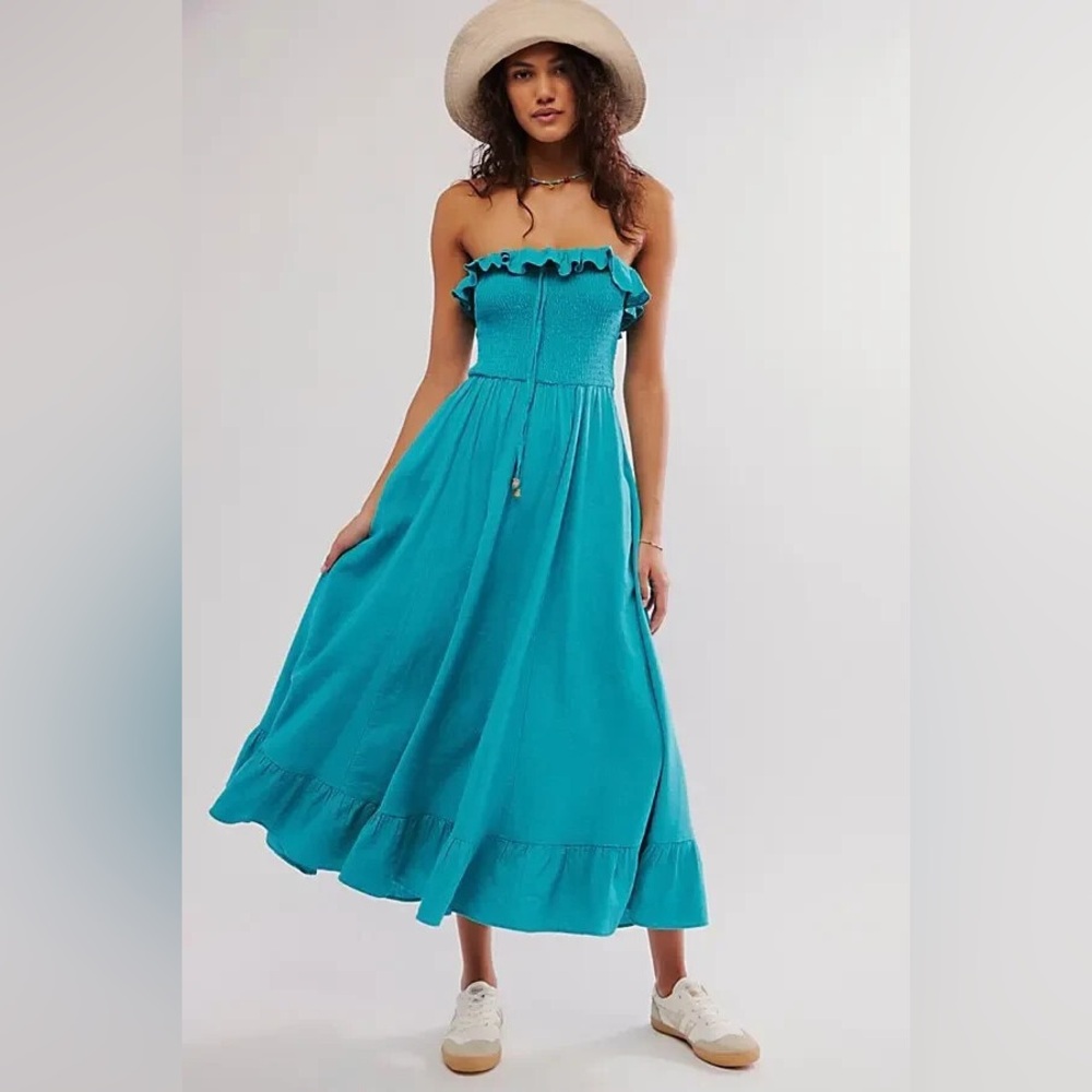 Free People Teal Strapless Ruffle Midi Dress